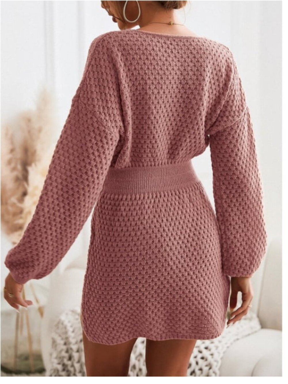 CUPSHE Women's Dress Round Neck Textured Knit Mini Sweater Dress - Picture 2 of 6